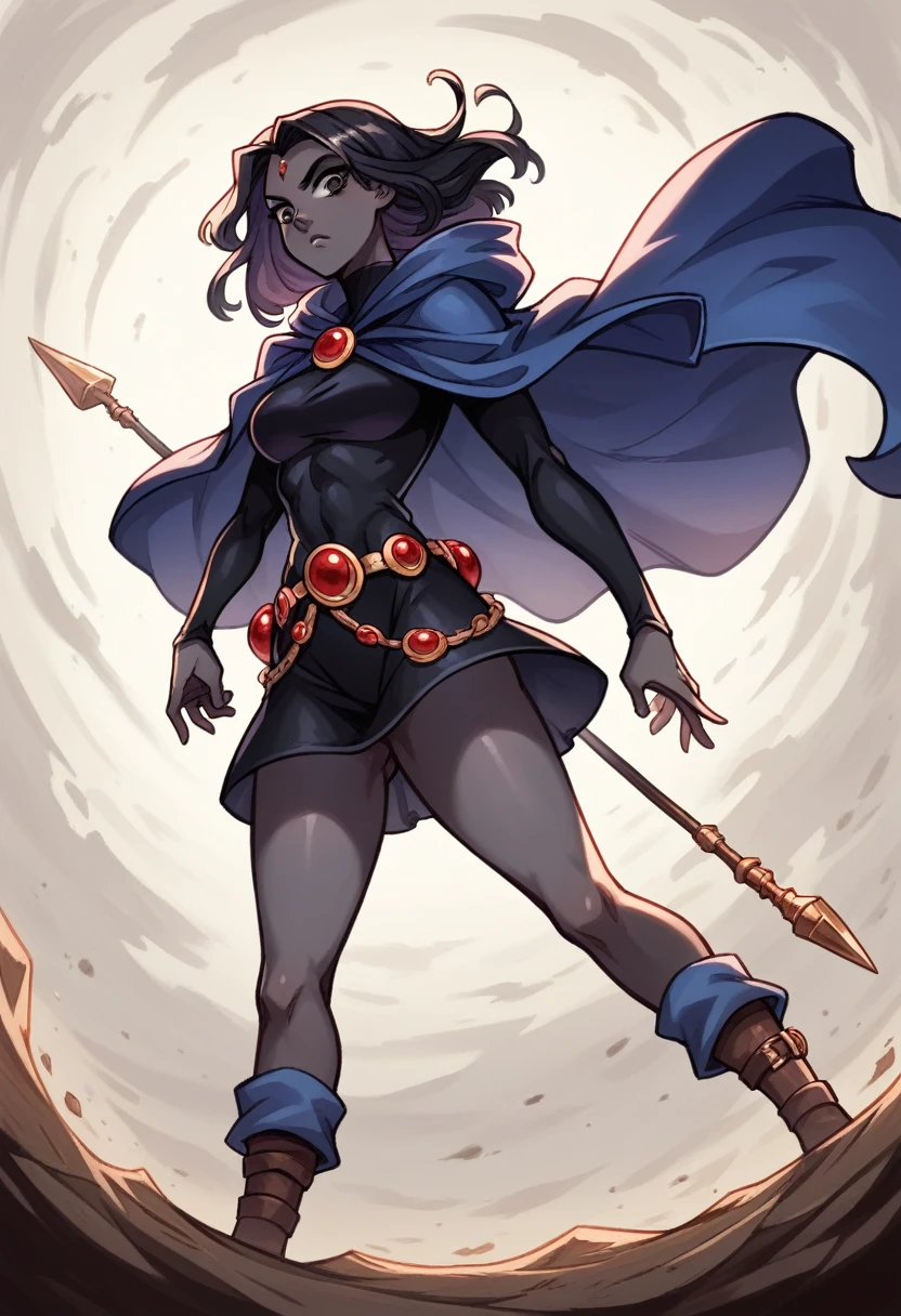 1 adult girl, Raven, black skin black leotard, black cloack, hooded cloak, knee-length Greek skirt, booties, long flowing hair, wavy black hair, forehead jeauel, purples eyes, medieval belt, firm skin, standing, toned, breastsout, battle pose, sexly, sensuous, appealing, perspective view(posando)), Lines of movement, portraite, b&au. Contour, whole body, holding a spear