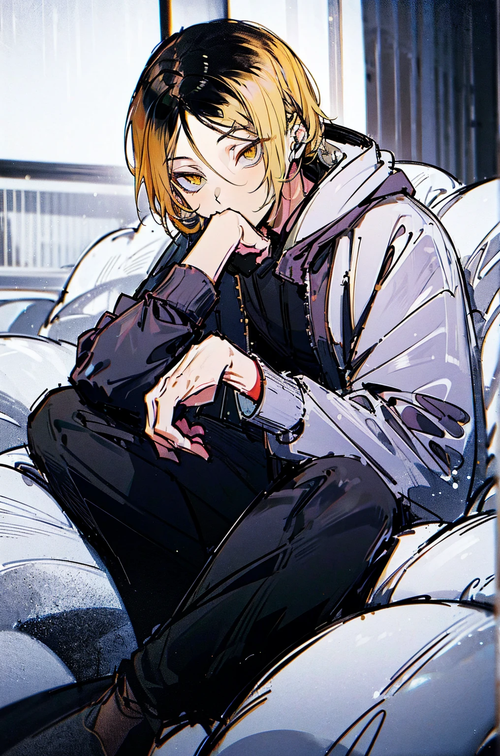 
(hutaodef:1.2),in with h ,white 背，
Kenma Kozume，Lazy，Dark circles，Comfort，laid back，Seated long sleeve sweatshirt，Black wide-leg pants，one person