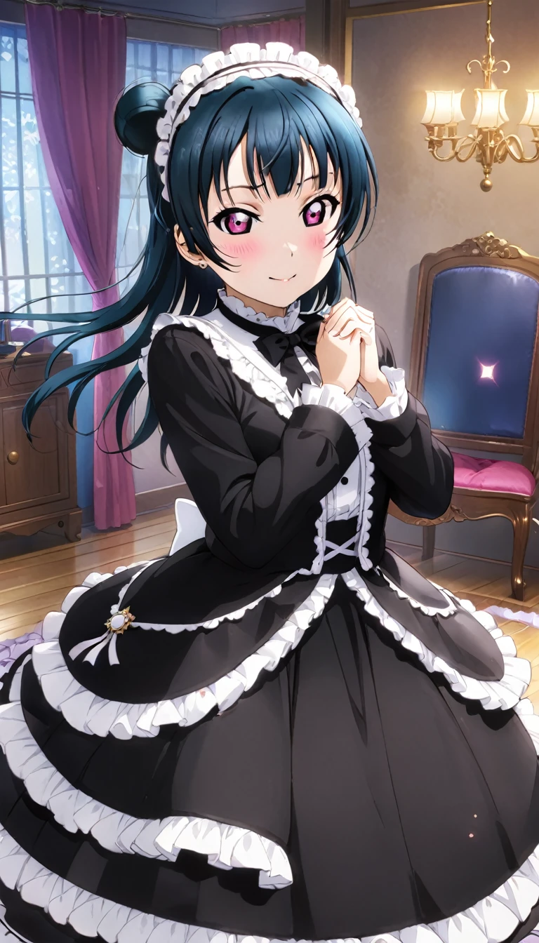 From Yoshiko Tsushima *Love Live! Sunshine!!* is performing a ritual in her room. She is dressed in Gothic Lolita attire, surrounded by a magic circle. Her eyes are closed, mouth slightly open, and both hands raised. The room is dimly lit, with a small fan spinning quietly.Highest quality, whole body、High detail, masterpiece, It's very embarrassing、I have long hair、