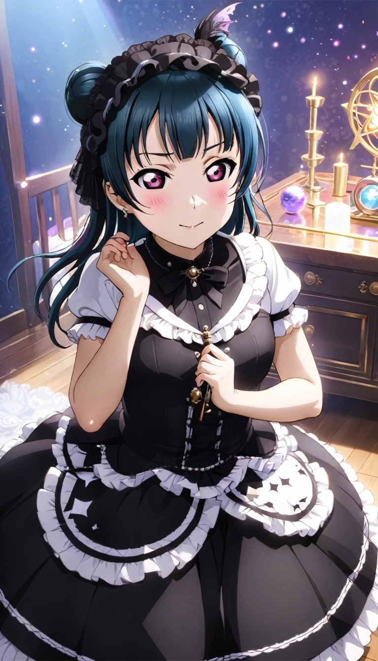 From Yoshiko Tsushima *Love Live! Sunshine!!* is performing a ritual in her room. She is dressed in Gothic ****ta attire, surrounded by a magic circle. Her eyes are closed, mouth slightly open, and both hands raised. The room is dimly lit, with a small fan spinning quietly.Highest quality, whole body、High detail, masterpiece, It's very embarrassing、I have long hair、