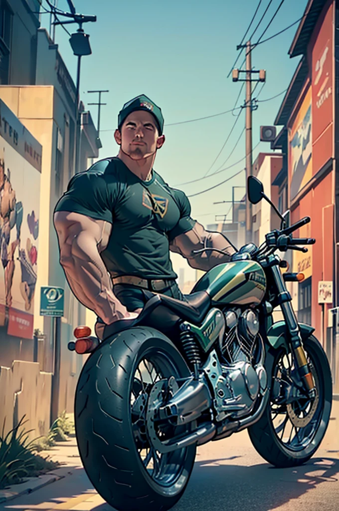 32k, high quality , detailed face , detailed hands , detailed muscles detailed motorcycle , (((Stephen AMELL))) standing near his (((motorcycle 1.2))), posing in a street ,standing with spread legs, showing his muscles, shirtless wearing a very very low dark green pants with brown belt,SHIRTLESS , background brick wall with men health posters
