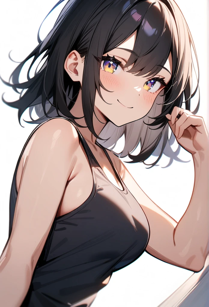 masterpiece, best quality, very aesthetic, absurdres, 1girl, looking at viewer, upper body, medium hair, medium breasts, tank top, smile, simple background