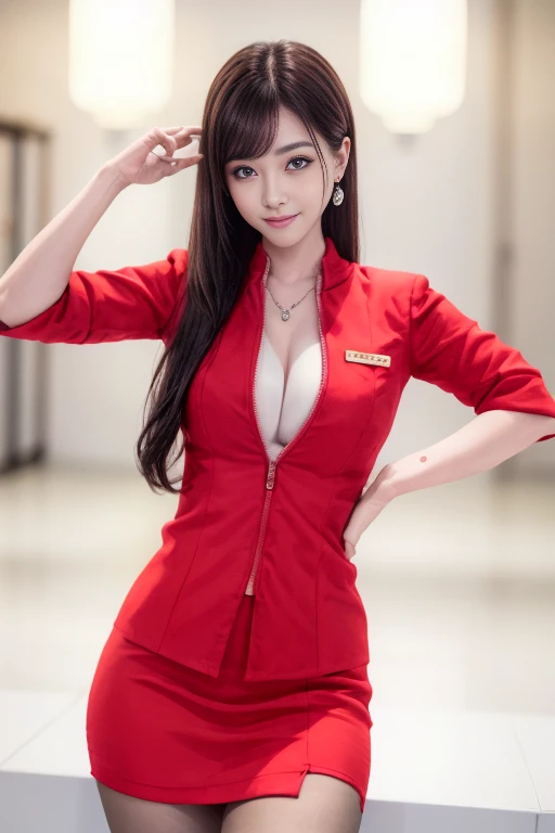 (masterpiece:1.2, Highest quality:1.2), 32k HDR, High resolution, (alone, 1 Girl), (AirAsia stewardess uniform realistic style), A proper woman, Beautiful Face, Brown Hair, (Long hair down to the legs), (Red jacket:1.1, Unzipped jacket, Unbuttoned white shirt:1.05, Red mini skirt:1.1, pantyhose),(Unbuttoned white shirtの谷間から巨乳を見せる)、(long hair that reaches down to the legs)、Perfect slim body:1.1, Huge breasts, Huge breastsの谷間, Detailed skin texture, Beautiful Eyes, (Attractive look:1.2), necklace、Earrings、(forward leaning posture:1.5), On the roof of a building, Rooftop at daytime,blue eyes、Hands should be lowered