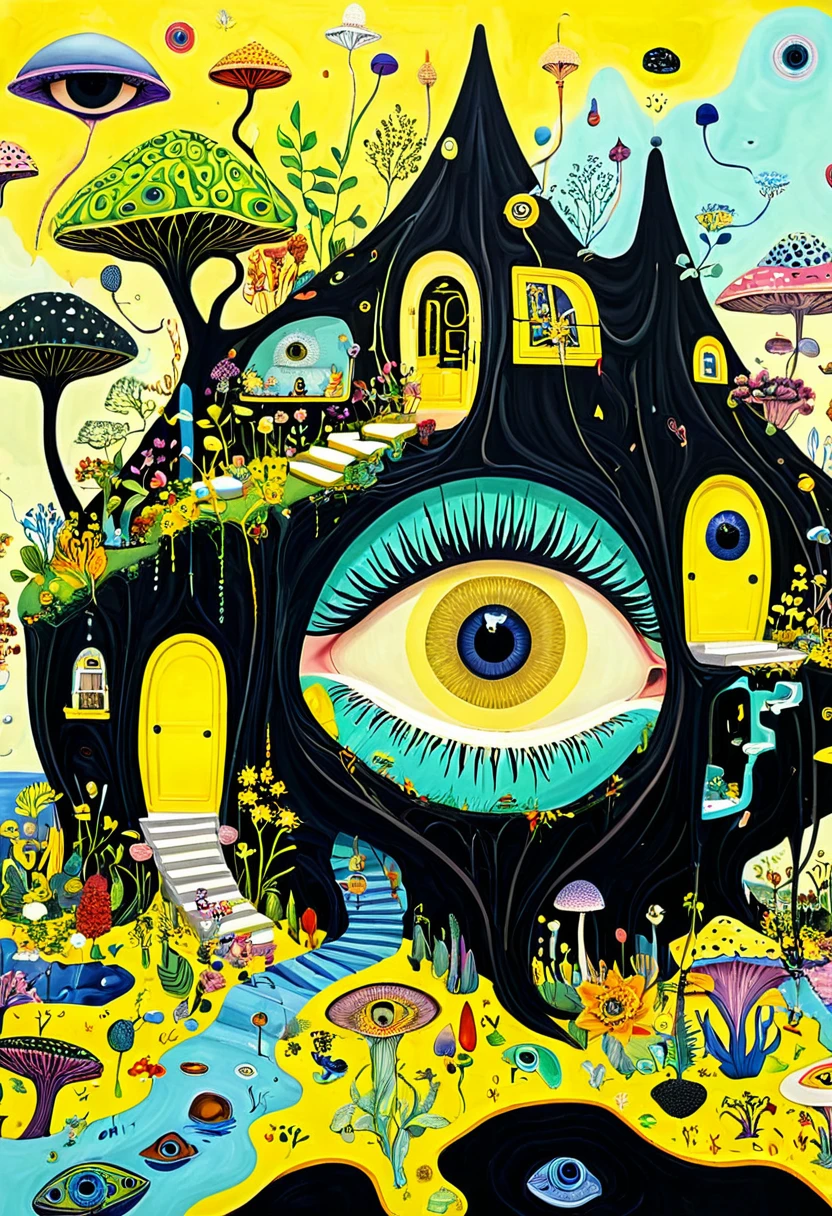 Intense visual fusion of various elements，broto，microorganism、plantar、house、Eye、wild animal life，Stitching an abstract painting，Describing the inner world of autistic people，Sense of space，blank space，interesting，innocence，psychedelic art，yellow and black,3d