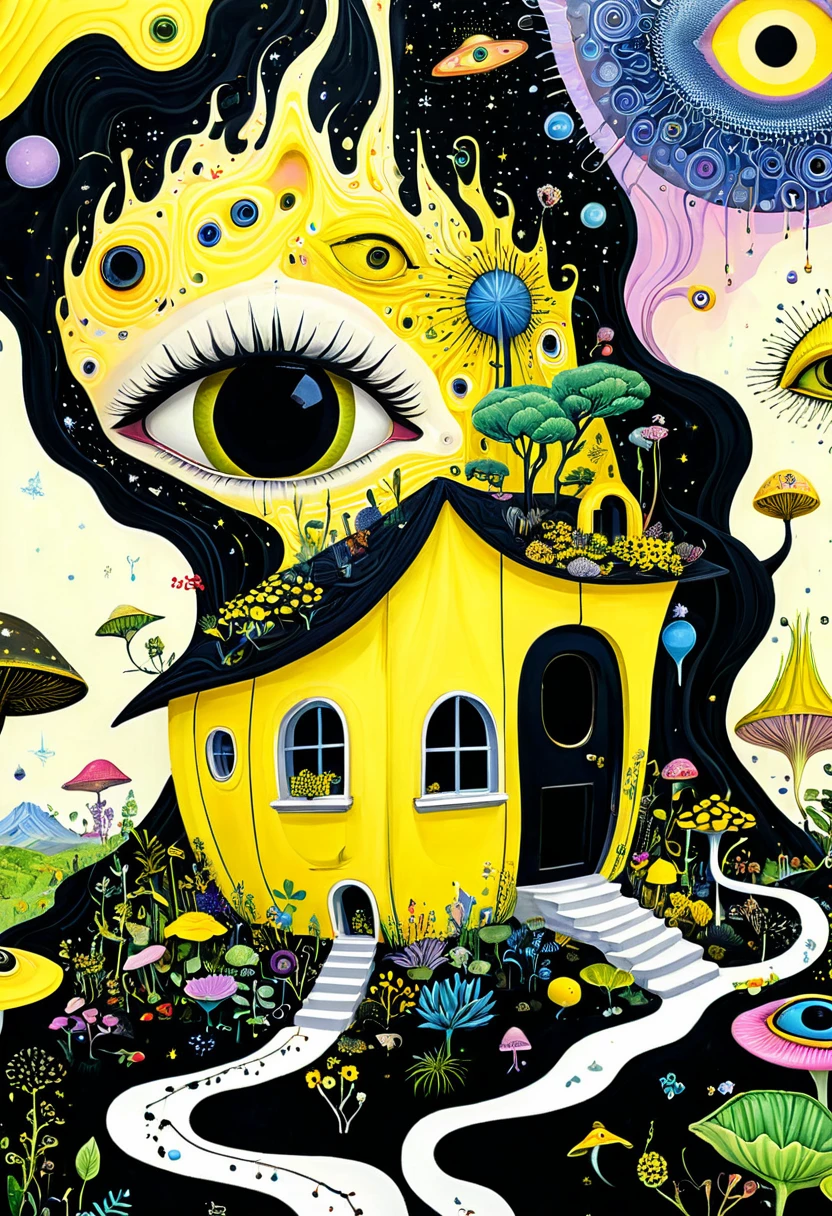 Intense visual fusion of various elements,broto,microorganism、plantar、house、Eye、wild animal life,Stitching an abstract painting,Describing the inner world of autistic people,Sense of space,blank space,interesting,innocence,psychedelic art,yellow and black,3d