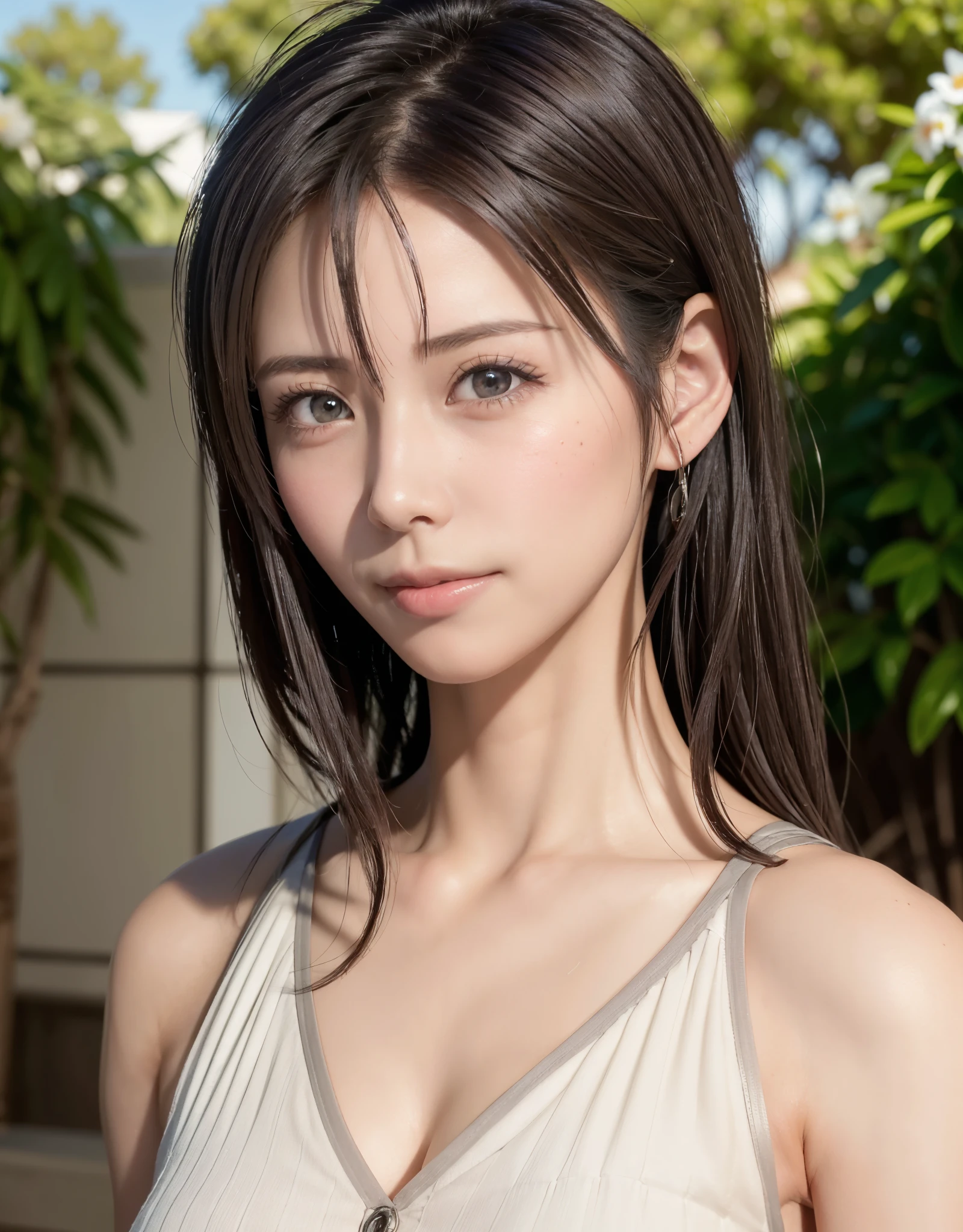 ((((masutepiece, Best Quality, High resolution)))), extremely detailed 8K, Beautiful girl with slim body, (Ultra HD, Ultra-detailed, Highly detailed, Highly realistic, Ultra-realistic, photos realistic), (1girll), short wavy hair, bob cuts, facing at camera, lightsmile, Purple eyes, (beautifull detailed face, Beautiful detailed eyes), Sweat, (rays of sunshine, Sunlight),