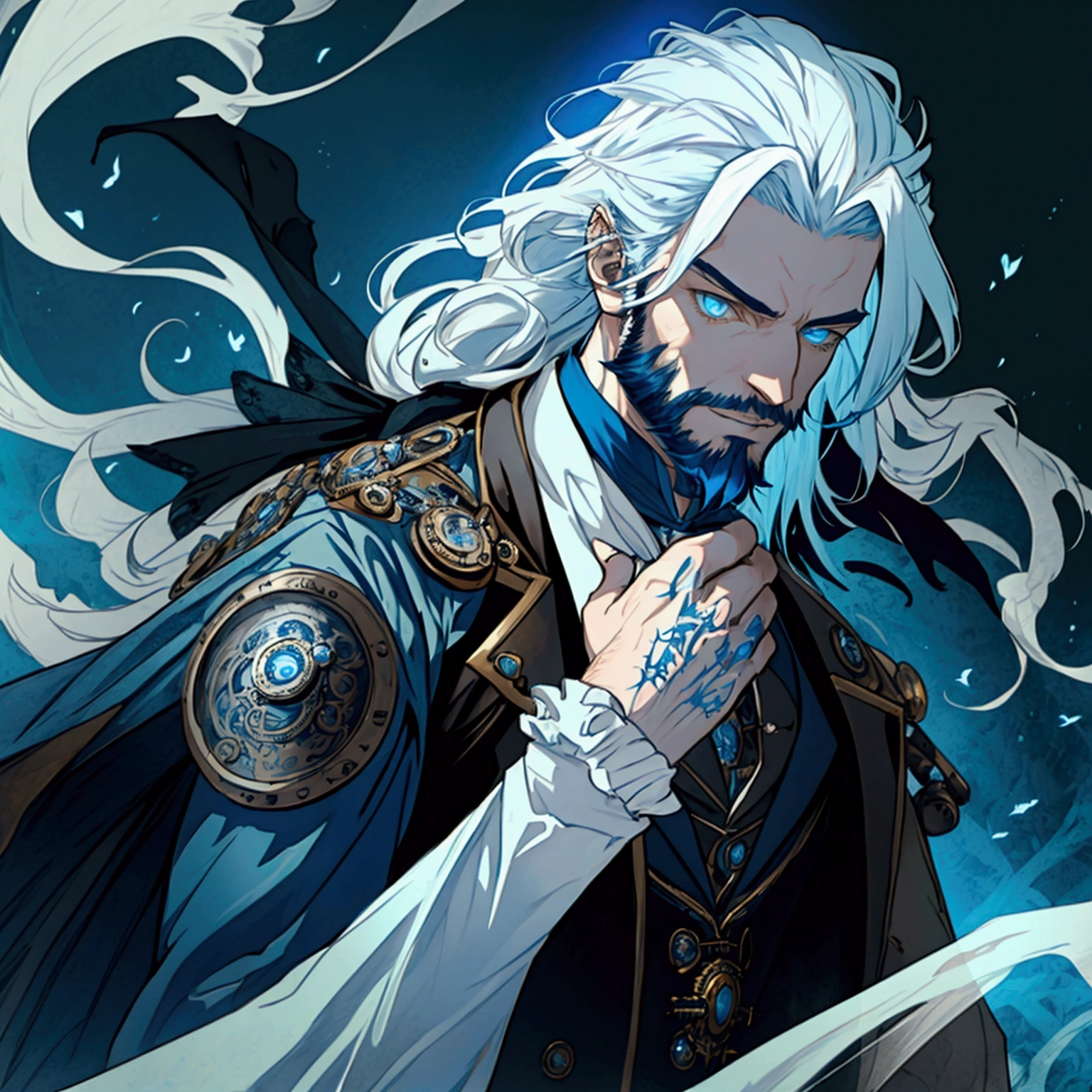 an athletic lithe male with long white hair and a scruffy beard, glowing blue eyes and a ghostly look to him, wearing a steampunk inspired victorian outfit
