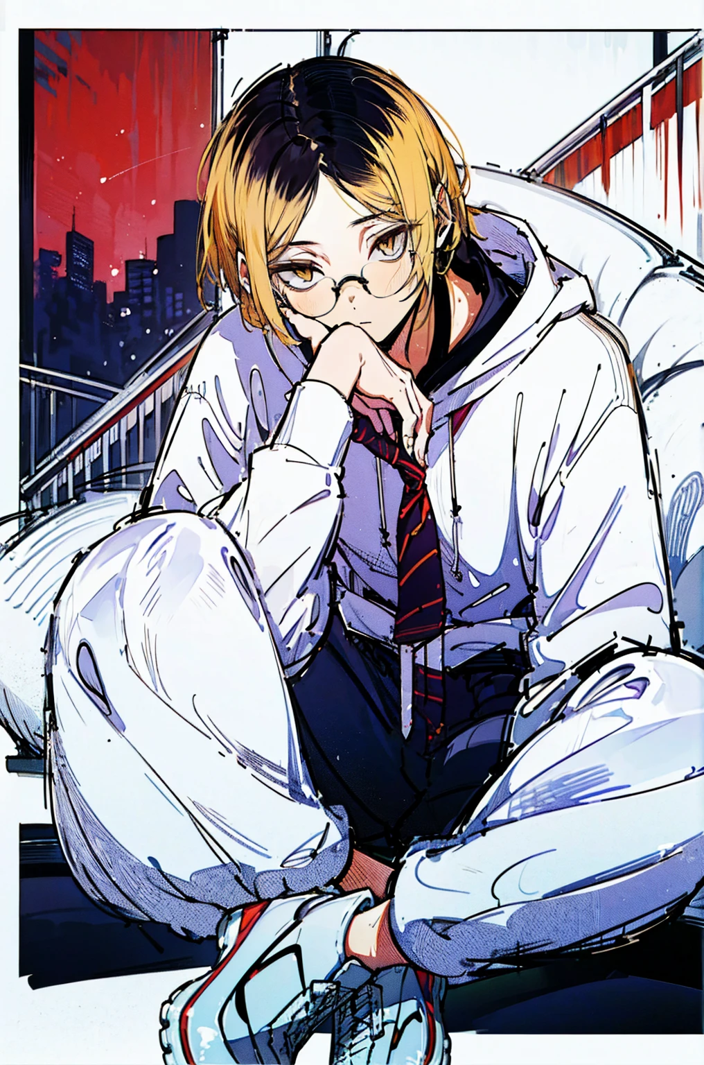 
(hutaodef:1.2),in with h ,white 背，
Kenma Kozume，Lazy，Dark circles，Comfort，laid back，Seated long sleeve sweatshirt，Wide leg pants，one person