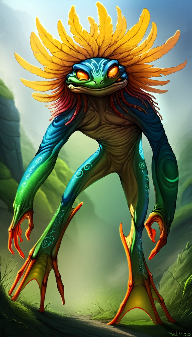 a highly detailed and colorful extraterrestrial frog shaman, amphibious creature, futuro-tribal design, bullywog, grung, beautiful yet alien appearance, frog-like facoal feature, non human appearance, vibrant colors, intricate tribal markings, glowing eyes, webbed fingers and toes, dynamic pose, cinematic lighting, volumetric fog, photorealistic, 8k, hyper detailed, masterpiece