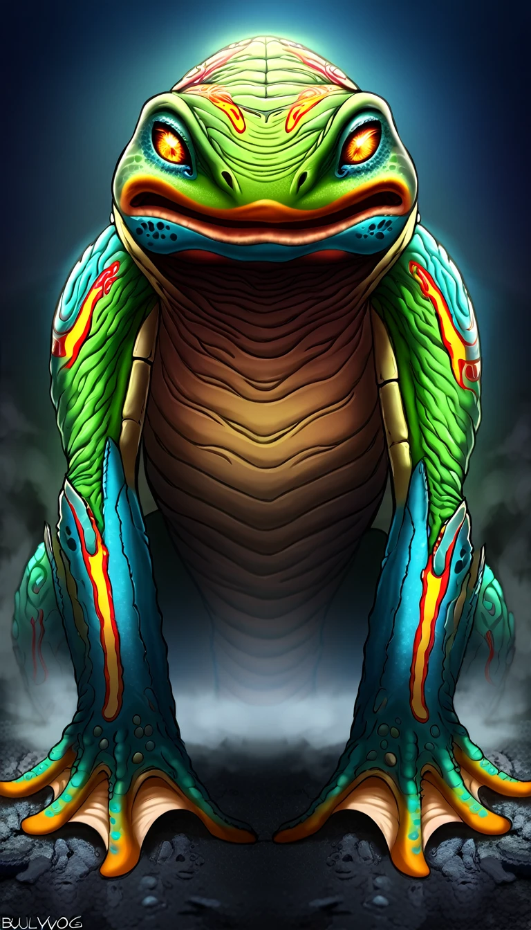 a highly detailed and colorful extraterrestrial frog shaman, amphibious creature, futuro-tribal design, bullywog, grung, beautiful yet alien appearance, frog-like facoal feature, non human appearance, vibrant colors, intricate tribal markings, glowing eyes, webbed fingers and toes, dynamic pose, cinematic lighting, volumetric fog, photorealistic, 8k, hyper detailed, masterpiece