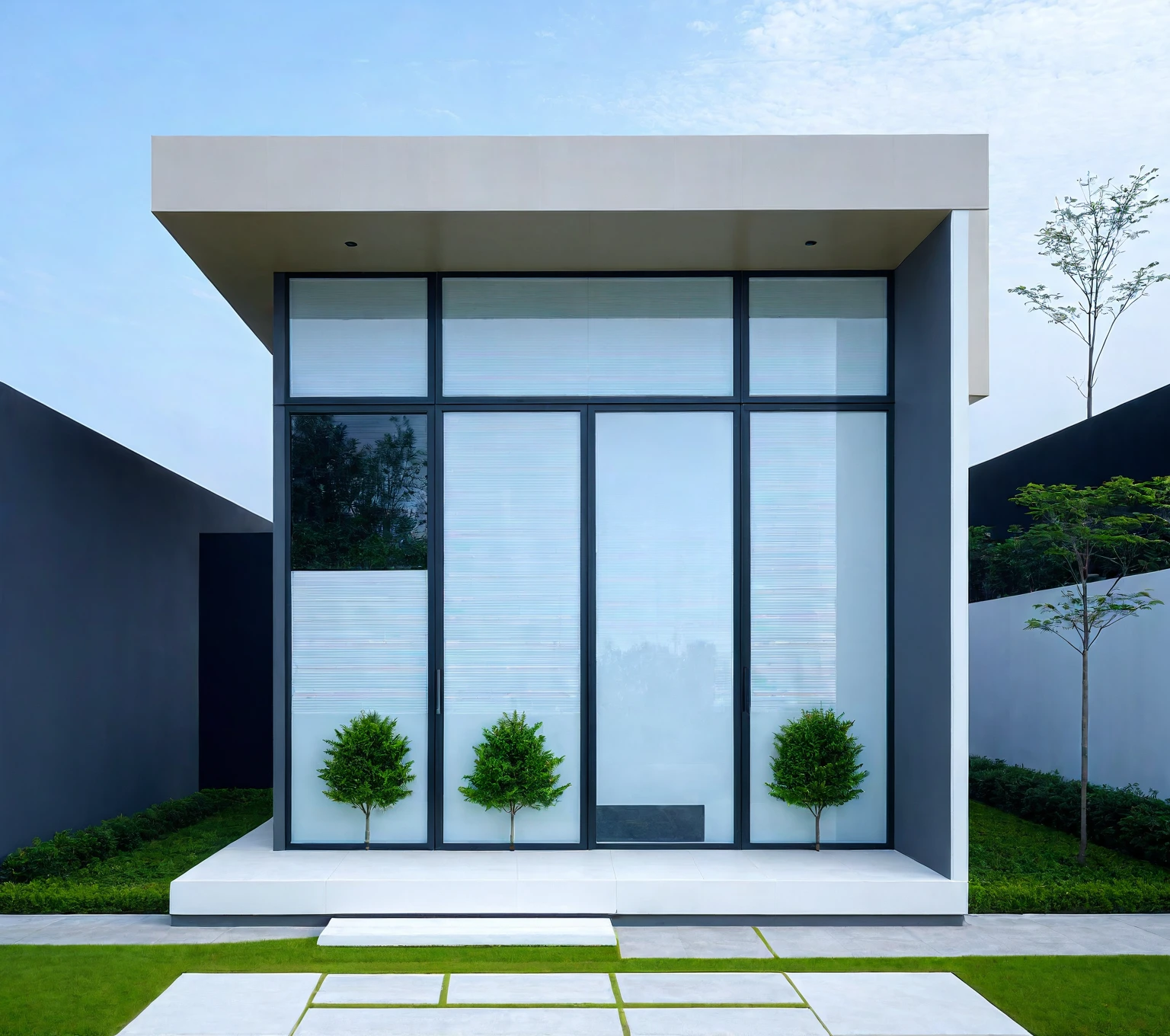 ,a modern one-story house with a minimalist design, (very small house: 1.2) ,((with a facade less than 4 meters wide:1.2)), white and glass materials, wood, large floor-to-ceiling glass windows, tropical plants and trees. (house as the showroom mini furniture:1.2), front view, elevation viewRAW photo, a photo of a modern house, (curvilinear archrchitecture:1.4), Wabisabi style rounded wall, white wall, steel black gate, sidewalk, sidewalk trees, ((grey gate:1.2)), road, viet nam modern residence, ((architectural shot)), rough white wall, new residential area, wide angle exterior 2022, contemporary house, exterior photography, masterpiece, contemporary architecture, overcast, indirect lighting