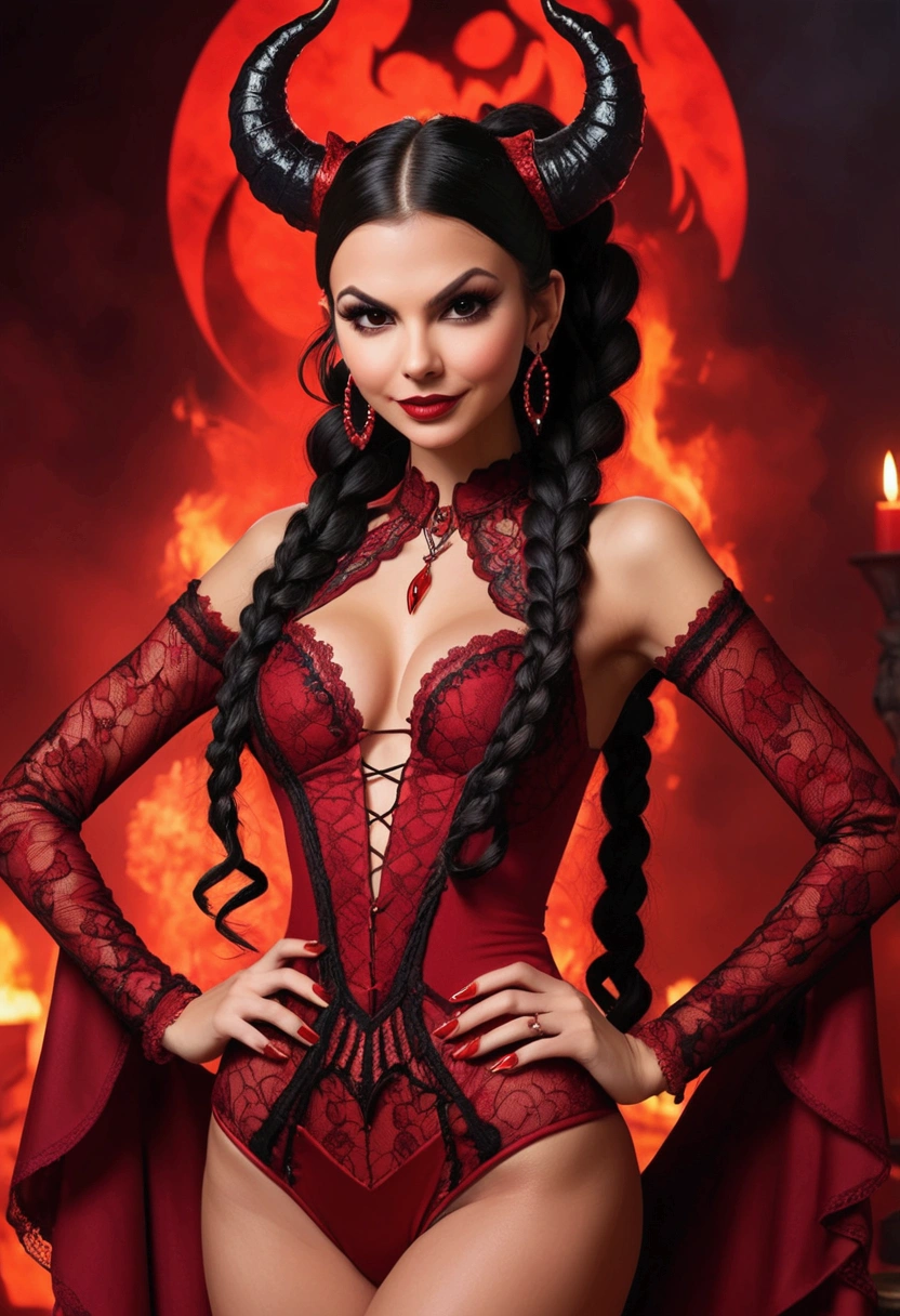 Full body shot Victoria Justice devil, ringlets five feet long black hair, updo hairstyle with ponytail on one side and long braid, strong thighs, dark red glossy lips, heavy red eye shadow long red eyeliner, long sharp claws, red lace beautiful and creative devil bodysuit, huge cleavage, devil horns, no earrings, no earrings, no earrings, no jewels, beautiful forehead lace ornament, posing in a feminine devil hell, happy expression, red ambience night time fire lights. No faces on her chest!