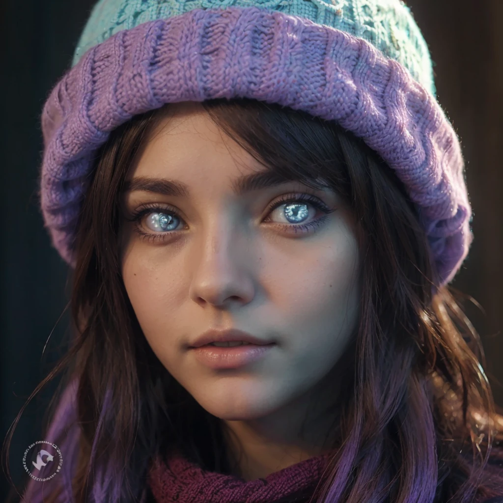 Photo, attractive young woman, detailed eyes, Argentine factions, purple and light blue wool cap, Brown hair.