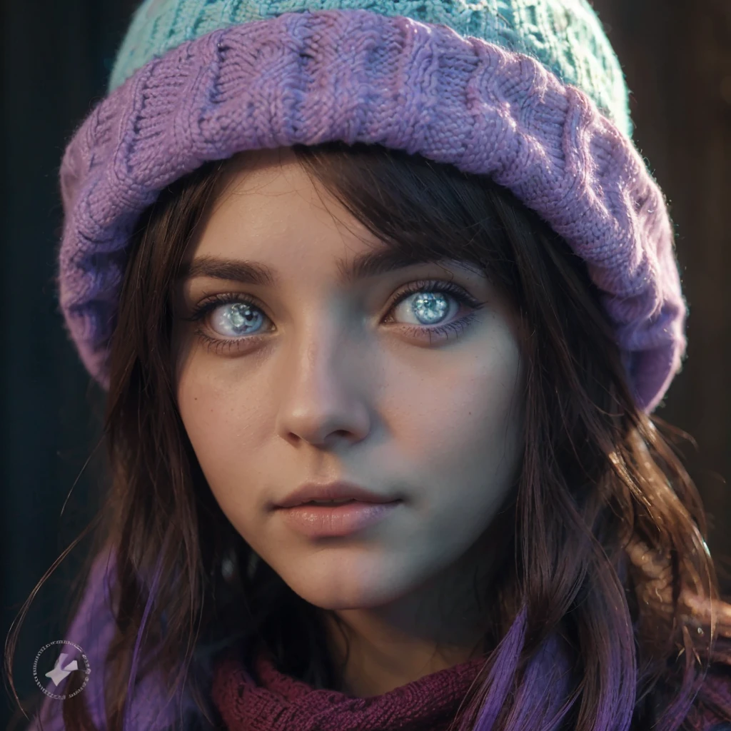 Photo, attractive young woman, detailed eyes, Argentine factions, purple and light blue wool cap, Brown hair.