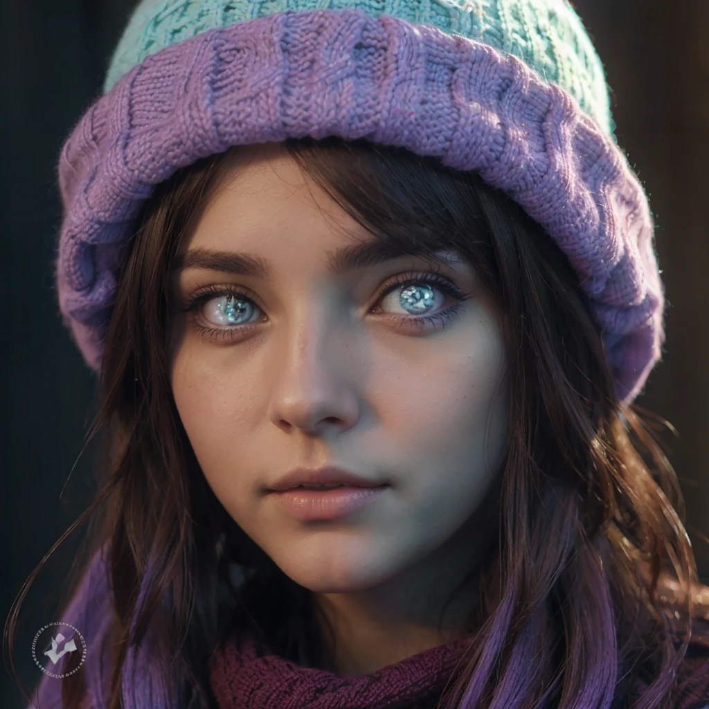 Photo, attractive young woman, detailed eyes, Argentine factions, purple and light blue wool cap, Brown hair.