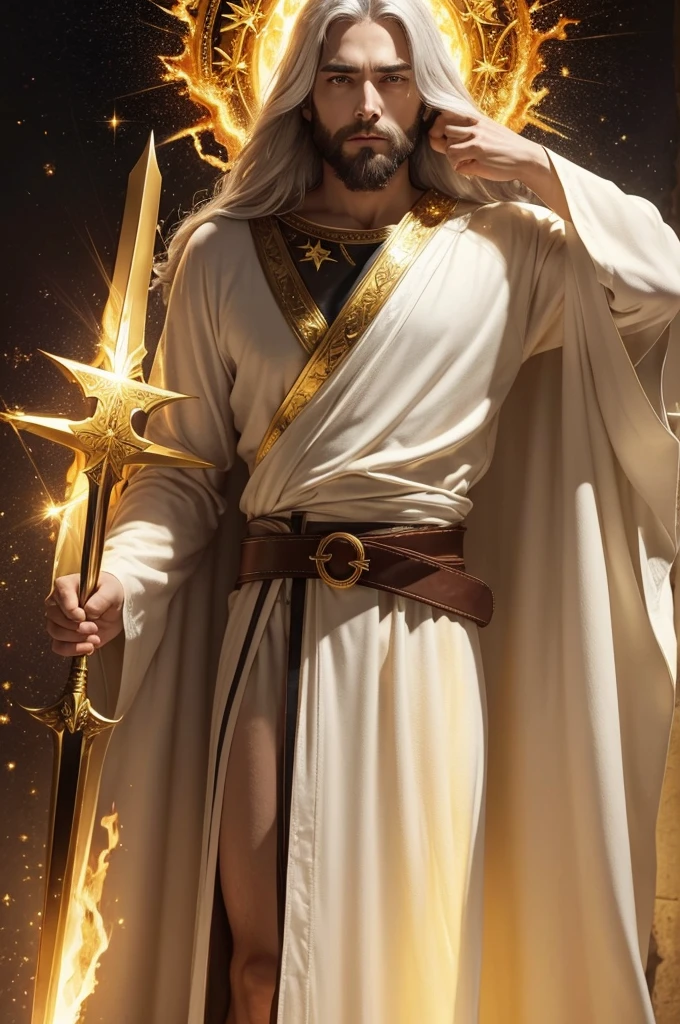 Jesus between feels golden lampstands, with a long white robe, wearing a golden belt on the chest, with white hair, with eyes like fire, your feet shining like metal in fire. In his right hand he has seven stars, and a sharp sword comes out of his mouth.