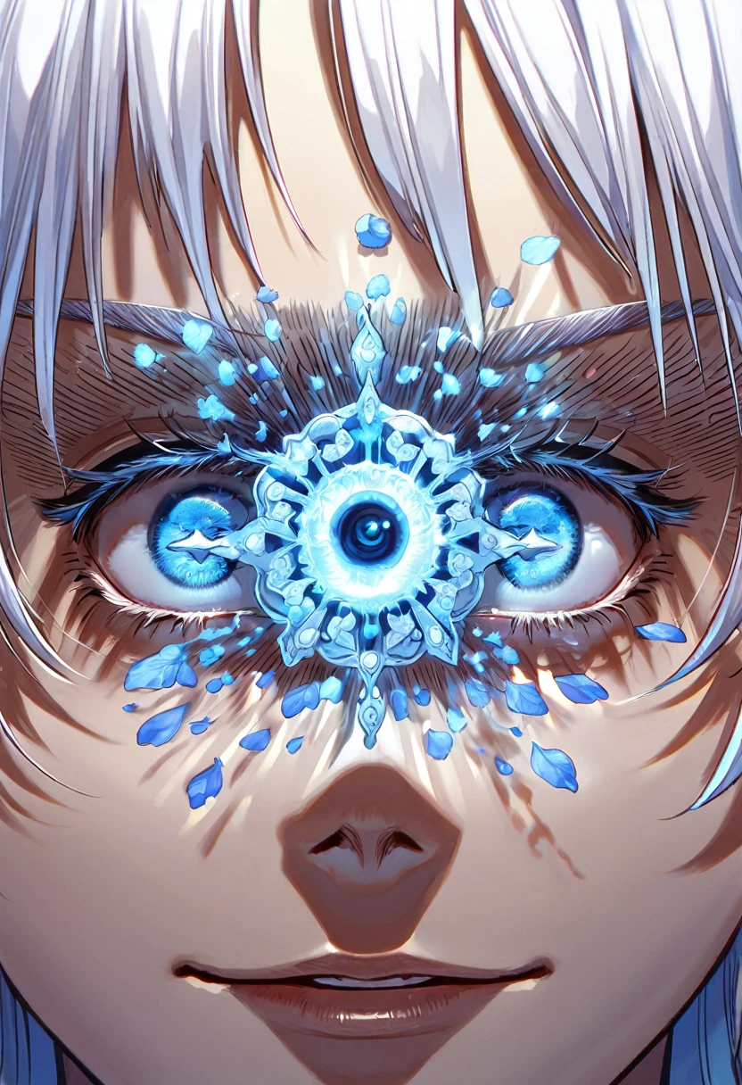 Super detailed, High resolution, High resolution, Absurd, masterpiece, Gojo Satoru, White hair with bangs, Expressive blue eyes, White eyelashes, JUJUTSU KAİSEN, good looking, Sexy man, alone, Unlimited whitespace, Blue Water, Fantasy, Magic, Cursed Energy, Blue aura, Blue petals, good looking smile, Highest quality, blue Moon, Forget-me-not flowers, Internal domains,
