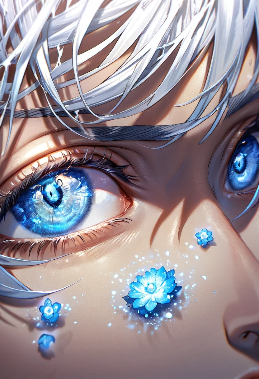 Super detailed, High resolution, High resolution, Absurd, masterpiece, Gojo Satoru, White hair with bangs, Expressive blue eyes, White eyelashes, JUJUTSU KAİSEN, good looking, Sexy man, alone, Unlimited whitespace, Blue Water, Fantasy, Magic, Cursed Energy, Blue aura, Blue petals, good looking smile, Highest quality, blue Moon, Forget-me-not flowers, Internal domains,