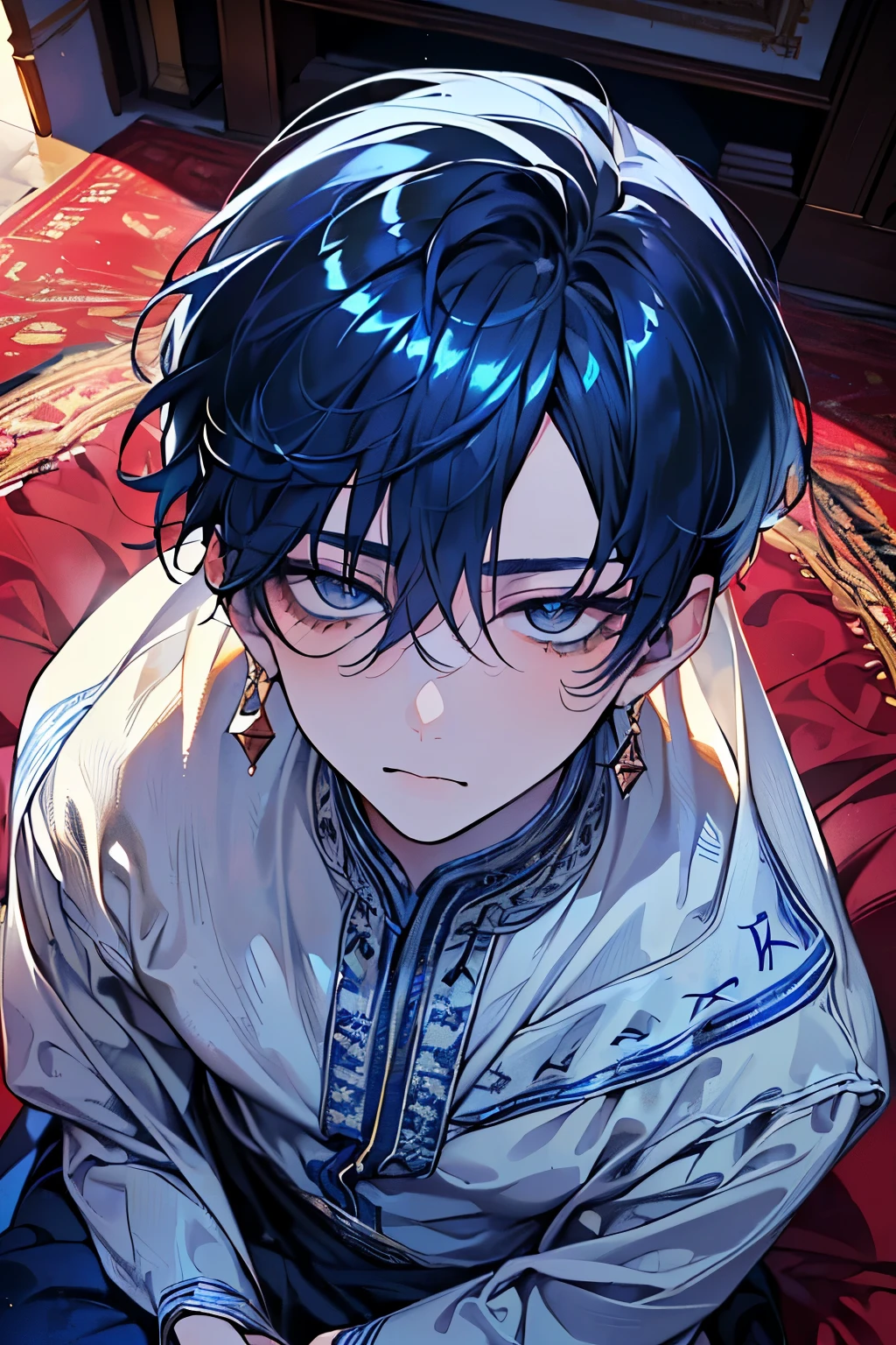,(((men's,male:1.3))),((White and darkblue hair:1.3)),(Shiny marble eyes:1.45),(NSFW:1.25),(A lustrous, soft face:1.4),(KISS Face:1.25)(A embarrassed and my face turns red:1.2),(Looking up:1.5),(Face front:1.3),((bed room:1.25)),((Gorgeous Arabian costume:1.3)),((Fellatio:1.2)),((Slave clothing:1.2)).