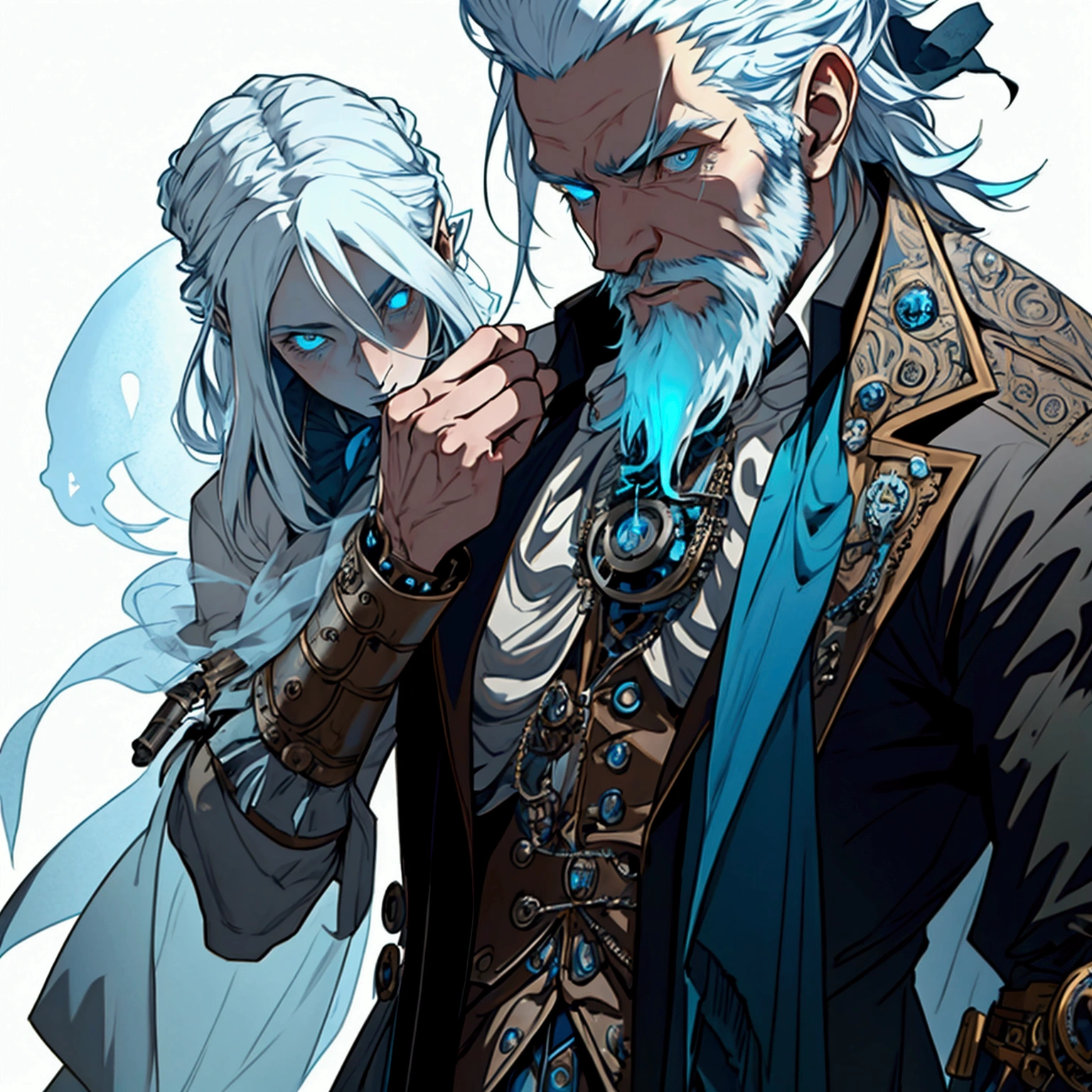 a sexy athletic lithe male with long white hair and a scruffy beard, glowing blue eyes and a ghostly look to him, wearing a steampunk inspired victorian outfit, transparent flesh, ghost flesh, photo realistic, masterpiece