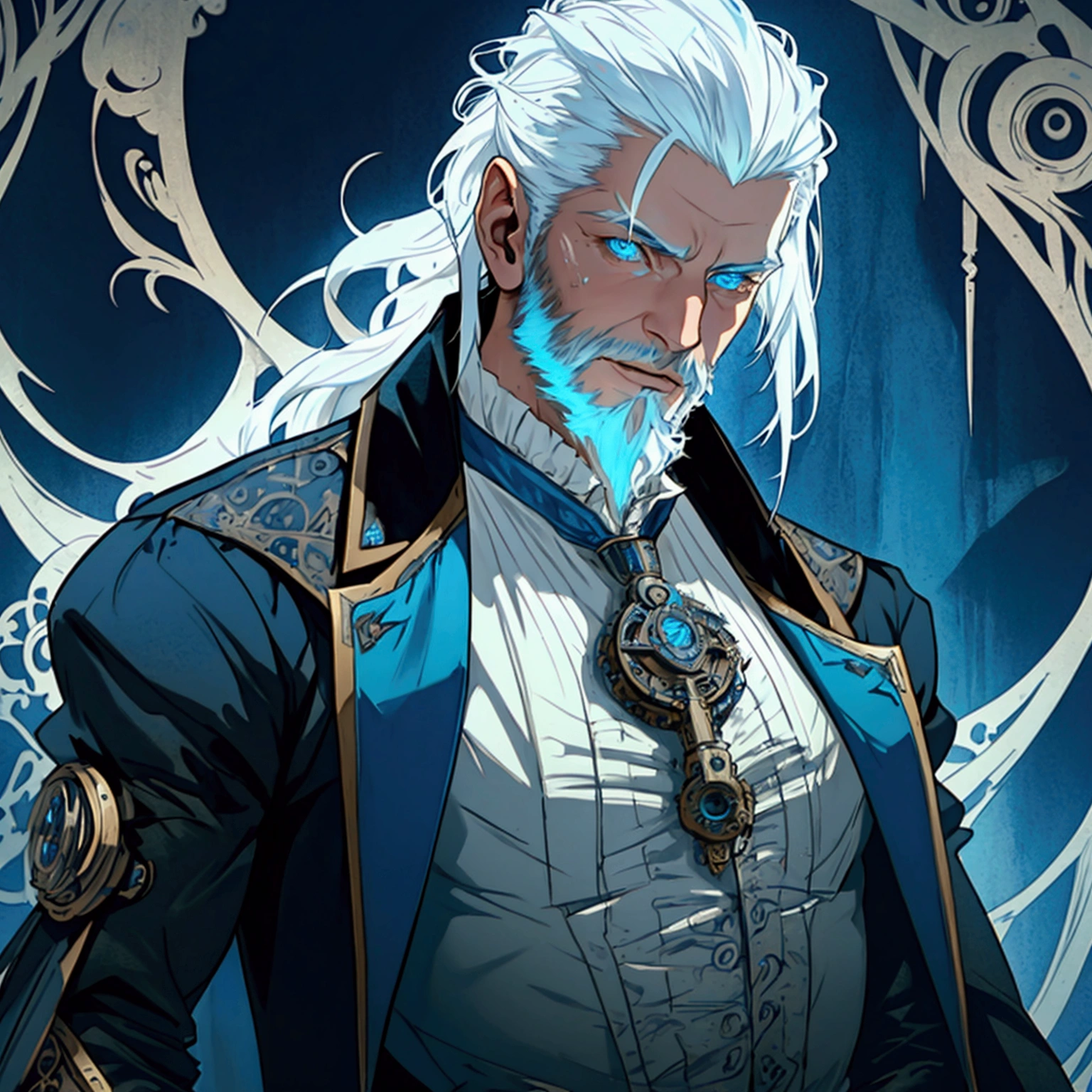 a sexy athletic lithe male with long white hair and a scruffy beard, glowing blue eyes and a ghostly look to him, wearing a steampunk inspired victorian outfit, transparent flesh, ghost flesh, photo realistic, masterpiece
