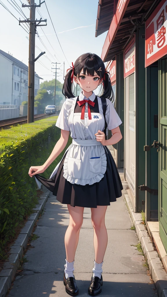 masterpiece,Highest quality,One girl,daughter, hair ornaments, ribbon, Apron dress, mini skirt, White shirt, Short sleeve, socks, Mary Jane,Are standing,At the station,Asian architecture,Power lines,Outdoor,