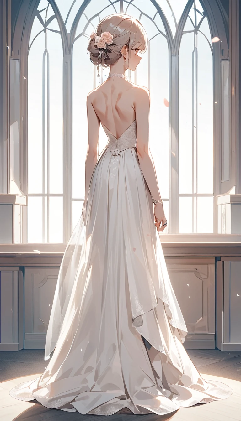 (whole body)、(upright)、Back view、Cute single women、Wedding dress