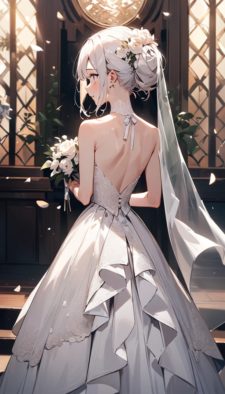 (whole body)、(upright)、Back view、Cute single women、Wedding dress
