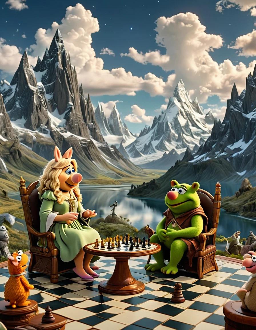 A cartoon illustration of, The Lord of the Rings is a trilogy of epic fantasy adventure screen, Mountains as far as the eye can see, rivers and lakes in the depth, the sky has clouds and galaxies in view, Kermit, Sweetums, Fozzie, Gonzo and Miss Piggy, wearing short dress sitting on a chair around chess board