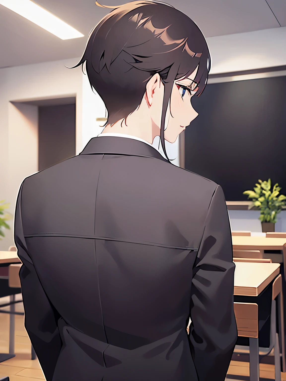 back view、back shot, upper body、masterpiece、Highest quality、(25-year-old male:1.5) and (Brown short hair)、business suit、 The background is the conference room、(Alone:1.5)、Upper body is shown、Are standing