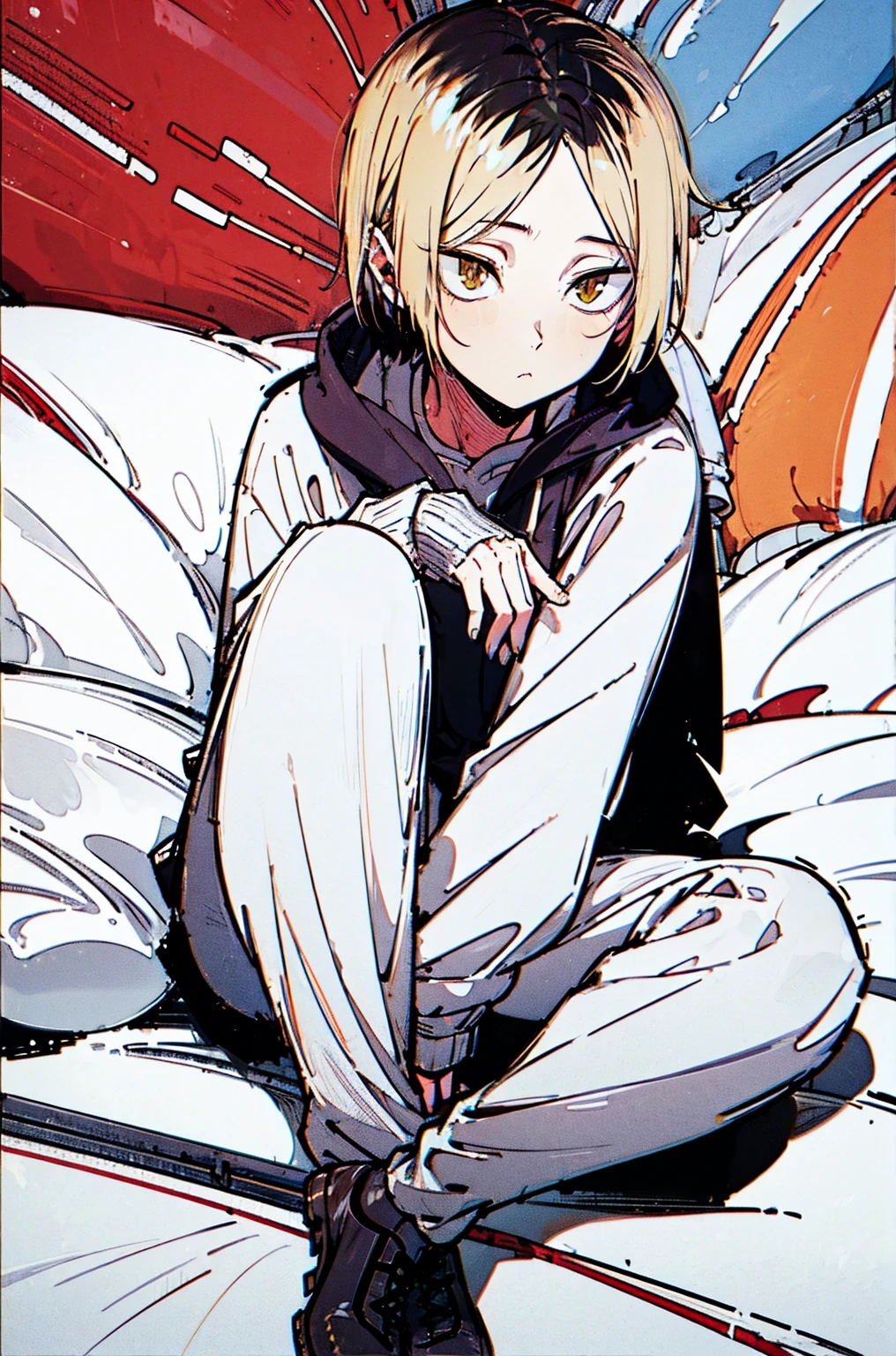 
(hutaodef:1.2),in with h ,white 背，
Kenma Kozume，Lazy，Dark circles，Comfort，laid back，Seated long sleeve sweatshirt，Wide leg pants，one person