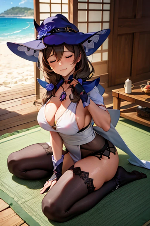 masterpiece, high resolution, best quality, rendered art, beautiful art, well formed fingers and hands, 1 woman, Lisa Minci, hair ornament ,adult, grown up, 31 years old, large and round breasted, cleavage, full body, wearing a Iroha Samurai Spirits cosplay, Iroha_Samurai_Spirits_cosplay, maid hat, choker, fingerless gloves, black tights, sexy and skimpy kimono, pelvic curtain, white maid uniform,ryona,in peril, she is  defeated, knocked out, passed out, closed eyes, exhausted, unconscious, laying down on the sand, extended exposed body, full body on the sand, breathing heavily, sexy smirk on her face, bouncing breasts, sexy defeated pose, defeat and  KO scene, fallen beauty, martial arts tournament with beach environment    