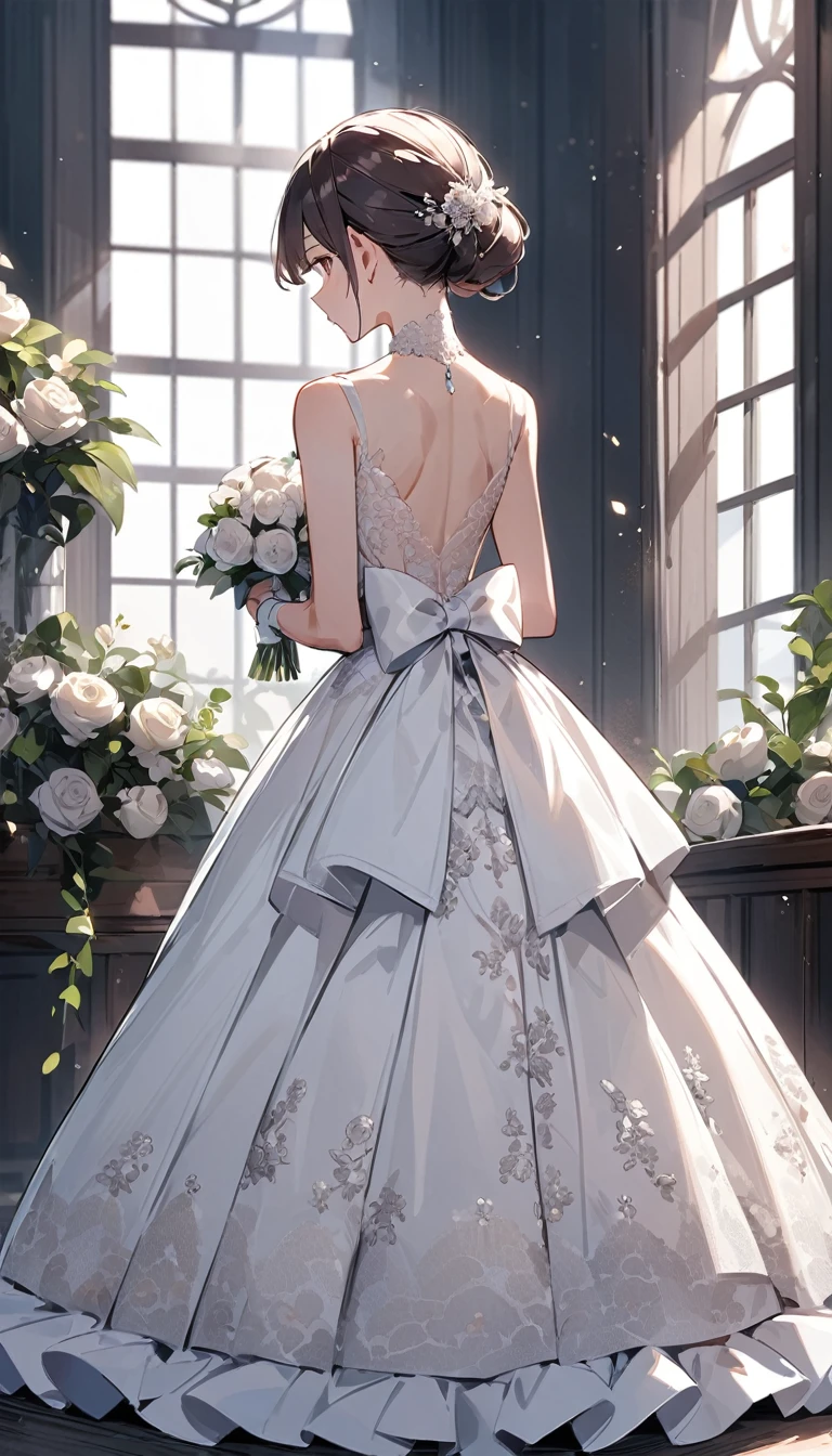 (whole body)、(upright)、Back view、Cute single women、Wedding dress