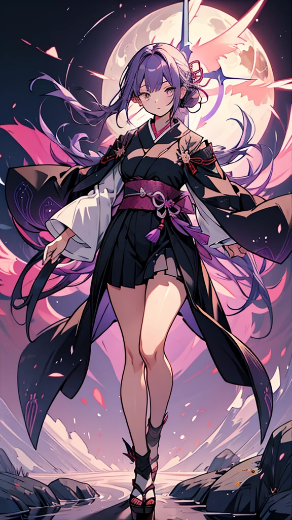 skinny girl, ultra high definition, very detailed, shuriken, shot, bundled hair, whole body, traditional Japanese outfit, short skirt, 23 years old, background with lush trees, two hair colors (inspection, light purple)