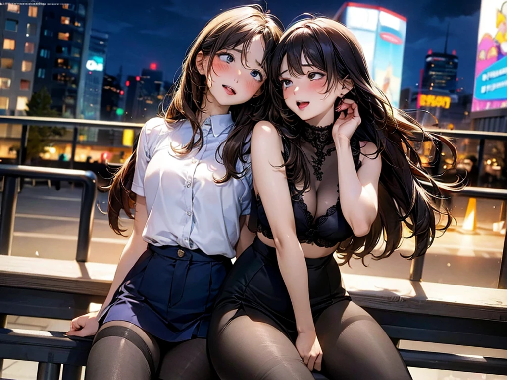 Rainbow Bra,sex appeal,Photo from below,Masterpiece,quality,High resolution,高quality,Realistic,Long Hair,pantyhose:1.5,Leaning against the guardrail,Spread your legs:1.5,Embarrassed face,Skyscrapers in the background,crowd:1.5,Fair skin,night, roadside,Forehead,blush