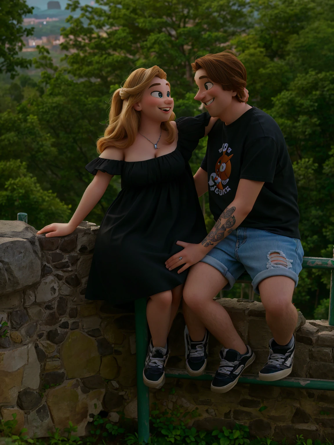 Animated picture (pixarstyle: 1.15), they are sitting on a stone wall and smiling at each other, on a rock, pregnancy, photoshooting, photoshoot, in a castle, photo portrait, on a tree, photo shoot, on a bridge, casual photography, sitting in a castle, couples portrait, on a cliff, lovely couple, portrait shot, they are in love, photo taken with sony a7r,