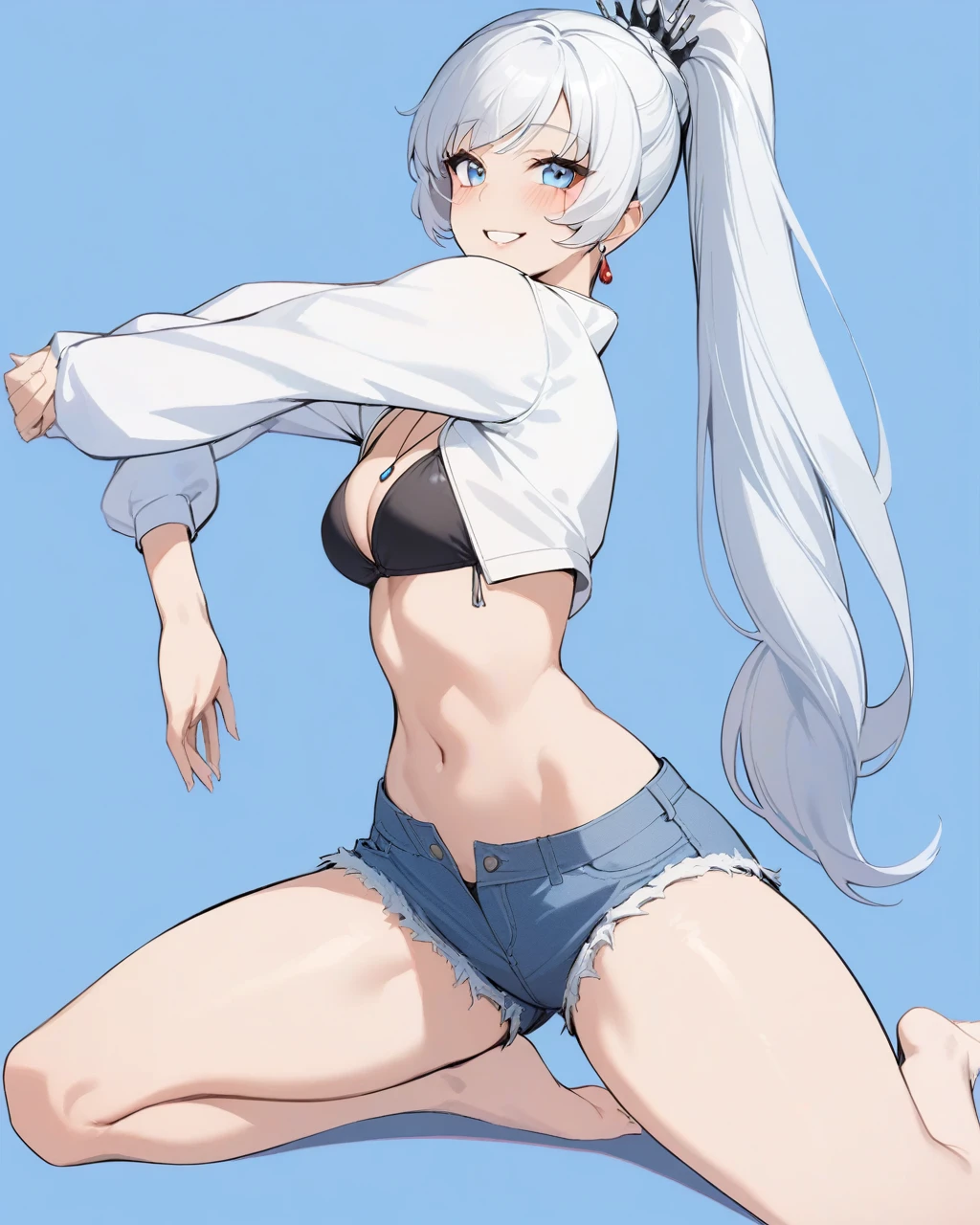 masterpiece,best quality,1girl, weiss schnee, solo, smile, stretching, full body, necklace, long sleeves, blue background, white jacket, earrings, blush, black bikini, denim booty shorts, scar on face, hair ornament, parted lips, cropped jacket