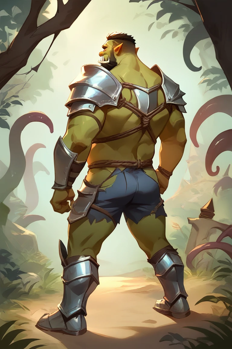 (1orc, solo, (standing far in the distance, from behind) ), (orc is , big dick, bald, muscular, (detailed eyes, face)), (background, enchanted forest, waterfall), (detail):1.1, (full body)
