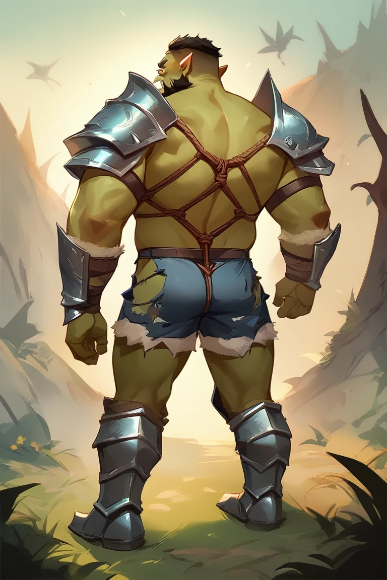 score_9, score_8_up, score_7_up, solo, male focus, fat male, orc, green skin, tusks, beard, outdoors , tentacles , micro armor , armor boots , (( damaged micro armor shorts )) , full body , shibari . ashamed face , backside , back side