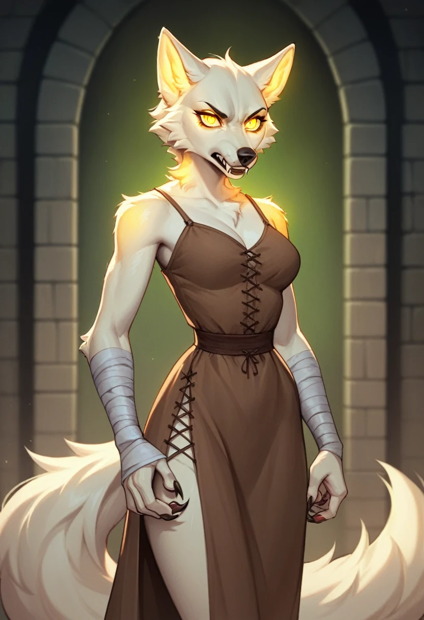 Anthro, beautiful, solo-girl, feminine, wolf-woman, (standing in complete darkness:1.5), serious, scary, white fur, short hair, white wolf ears, long snout, fangs, bandaged arms, claws, (big glowing yellow wolf eyes:1.3), plain medieval brown dress, breast fur, medium breasts