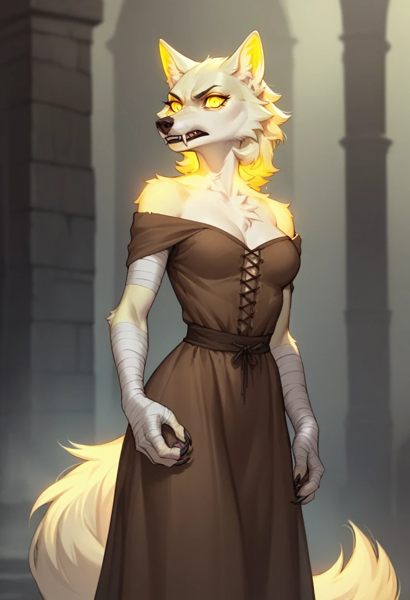 Anthro, beautiful, solo-girl, feminine, wolf-woman, (standing in complete darkness:1.5), serious, scary, white fur, short hair, white wolf ears, long snout, fangs, bandaged arms, claws, (big glowing yellow wolf eyes:1.3), plain medieval brown dress, breast fur, medium breasts