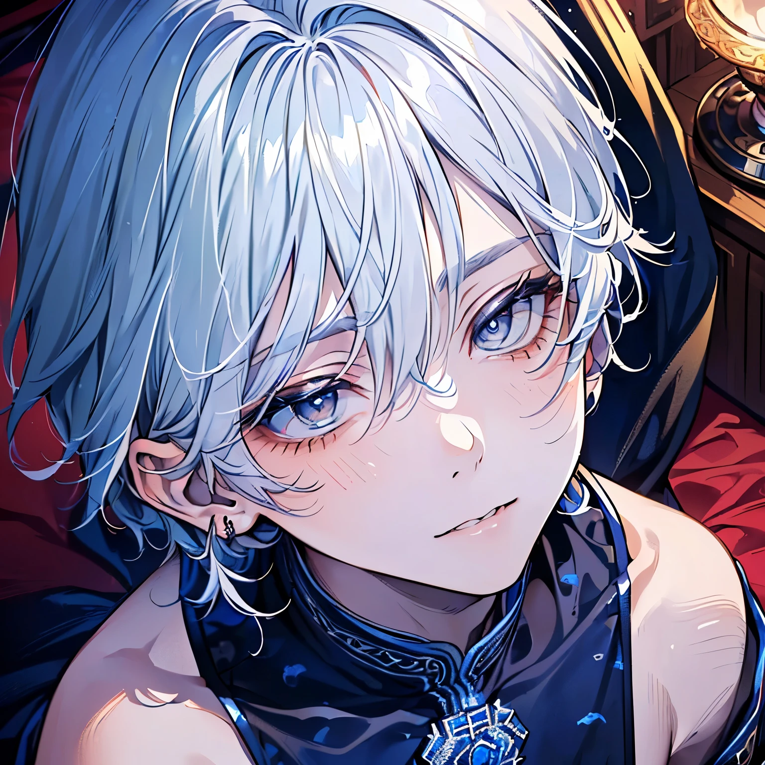 ,(((men's,male:1.3))),((White and darkblue hair:1.3)),(Shiny marble eyes:1.45),(NSFW:1.25),(A lustrous, soft face:1.4),(KISS Face:1.25)(A embarrassed and my face turns red:1.2),(Looking up:1.5),(Face front:1.3),((bed room:1.25)),((Gorgeous Arabian costume:1.3)),((Fellatio:1.2)),((Slave clothing:1.2)).