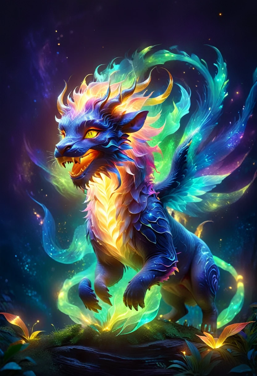 ((a giant glowing magical creature)),(Glowing Chimera),they will laugh,out of this world,ethereal,uv,translucent,magic animals,Nature,mystery,beauty,The environment is dark,magic,creature design,high resolution,8k,Super detailed,light、Physical rendering、Vibrant color background bokeh、Various shades、soft light lighting、pulsating light