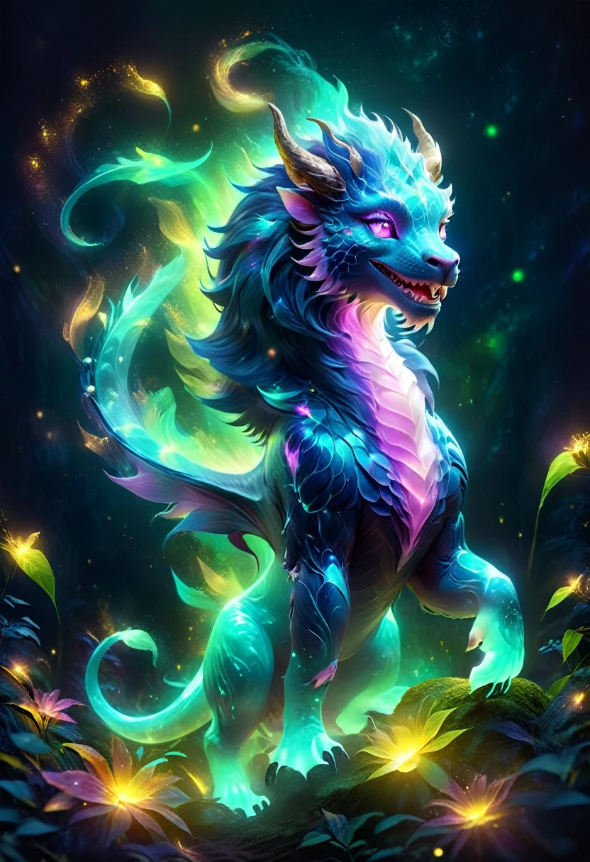 ((a giant glowing magical creature)),(Glowing Chimera),they will laugh,out of this world,ethereal,uv,translucent,magic animals,Nature,mystery,beauty,The environment is dark,magic,creature design,high resolution,8k,Super detailed,light、Physical rendering、Vibrant color background bokeh、Various shades、soft light lighting、pulsating light