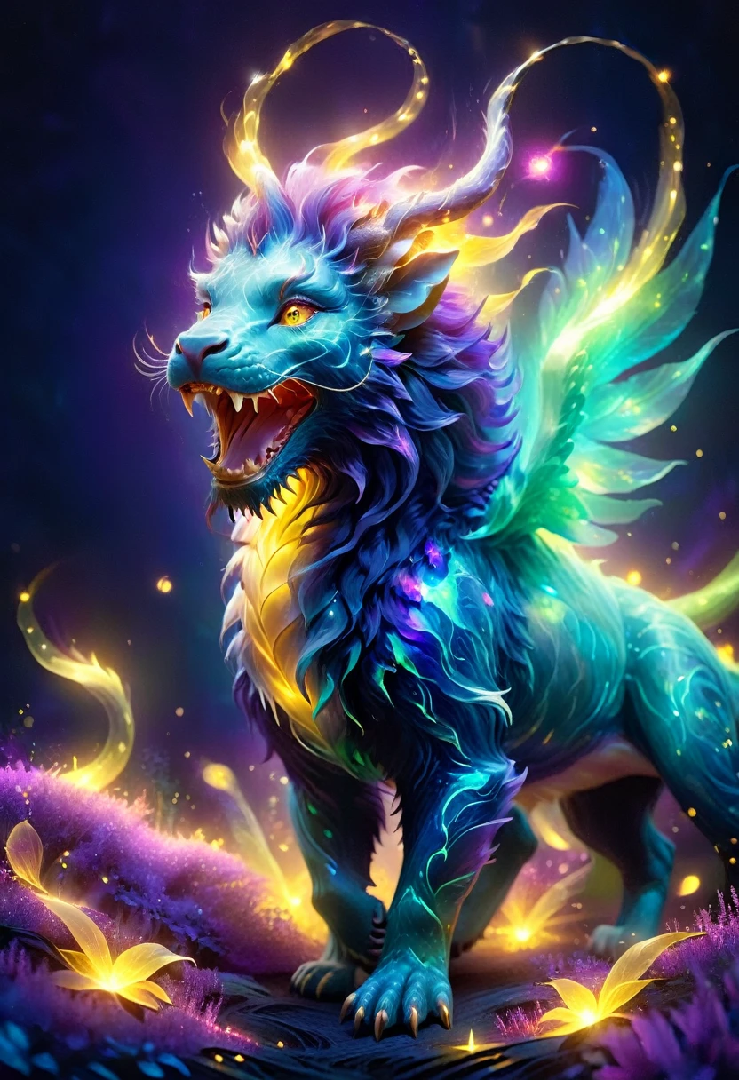 ((a giant glowing magical creature)),(Glowing Chimera),they will laugh,out of this world,ethereal,uv,translucent,magic animals,Nature,mystery,beauty,The environment is dark,magic,creature design,high resolution,8k,Super detailed,light、Physical rendering、Vibrant color background bokeh、Various shades、soft light lighting、pulsating light
