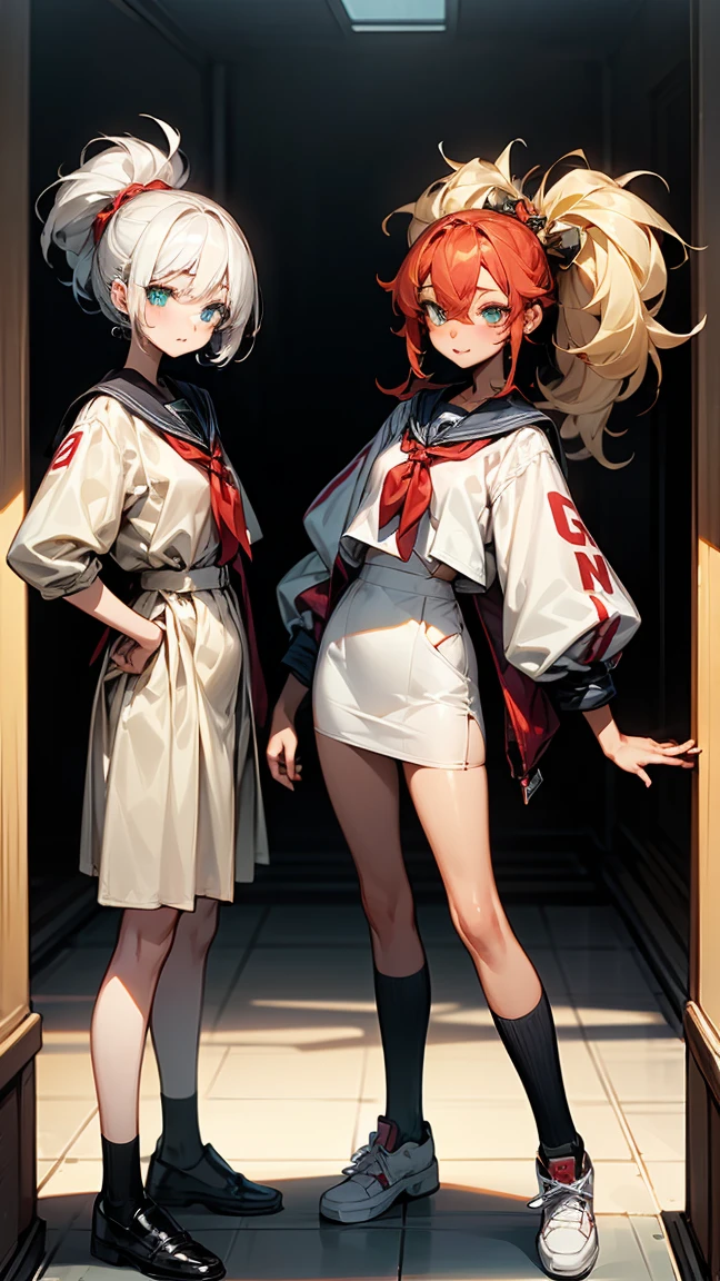 ((3 17 year old girls.)) 1 with yellow hair and green eyes, tanned body. 2 white hair and blue eyes, white body. 3 Red Hair And Red Eyes, with dark body. The 3 girls are standing. in  clothes. High School College Fund. 
Neg: wrong eye colors, disproportionate eyes, deformed faces, wrong hair colors, facial distortions, cross eyed, misaligned eyes, pixelated hair, incorrect facial proportions, ill-fitting clothes, poor lighting, low quality