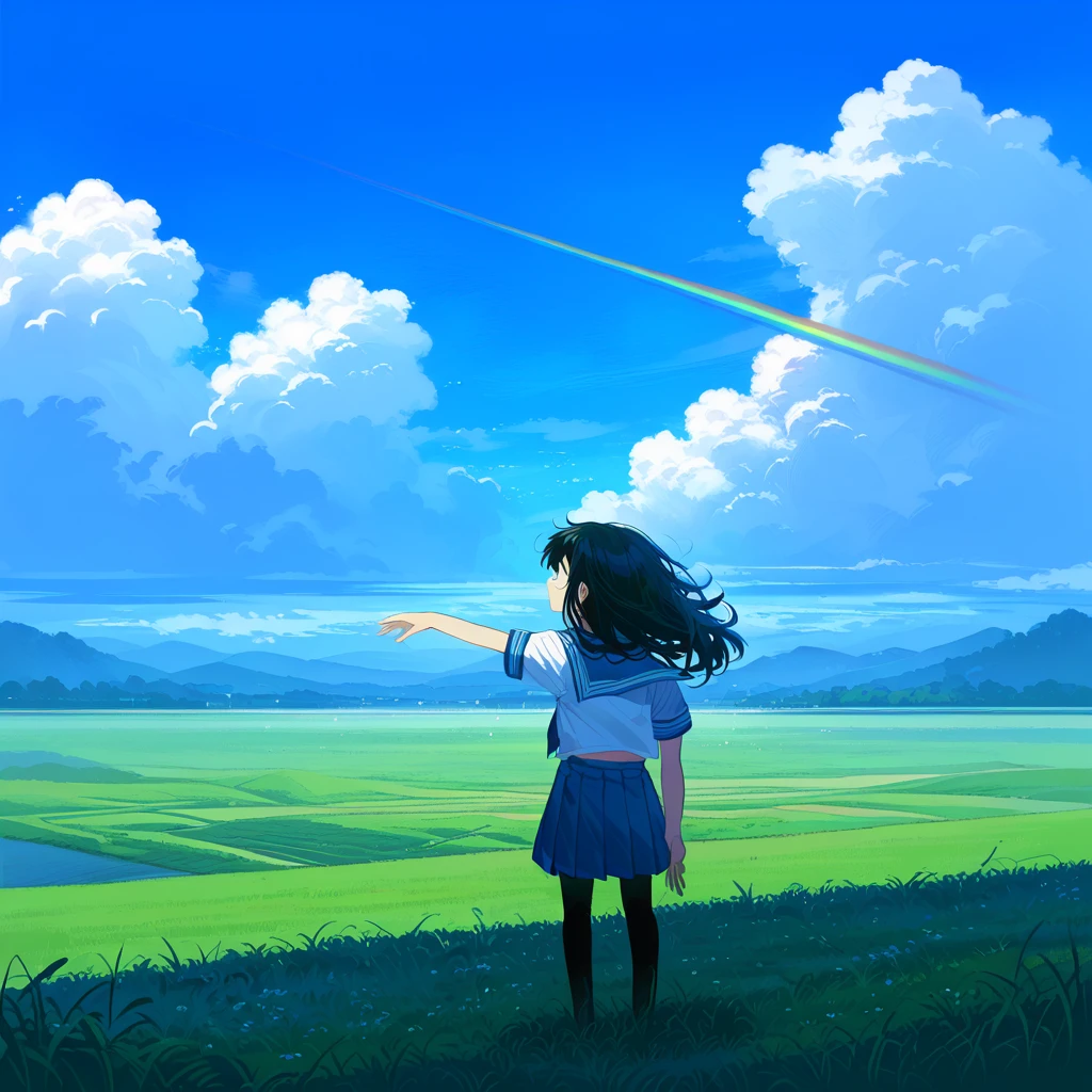 score_9, score_8_up, score_7_up, score_6_up, score_5_up, score_4_up、1girl、Black hair, long hair, sailor suit, short sleeves, (double exposure silhouette: 1.2), (layered scenery photo: 1.2), (rain: 0.8), (rainbow: 1.2), blue sky, clouds,field, (looking up at the sky: 1.2), (back view: 1.2), (nostalgic vibe: 1.2)、shadows、ultra-detailed、unity 8k wallpaper