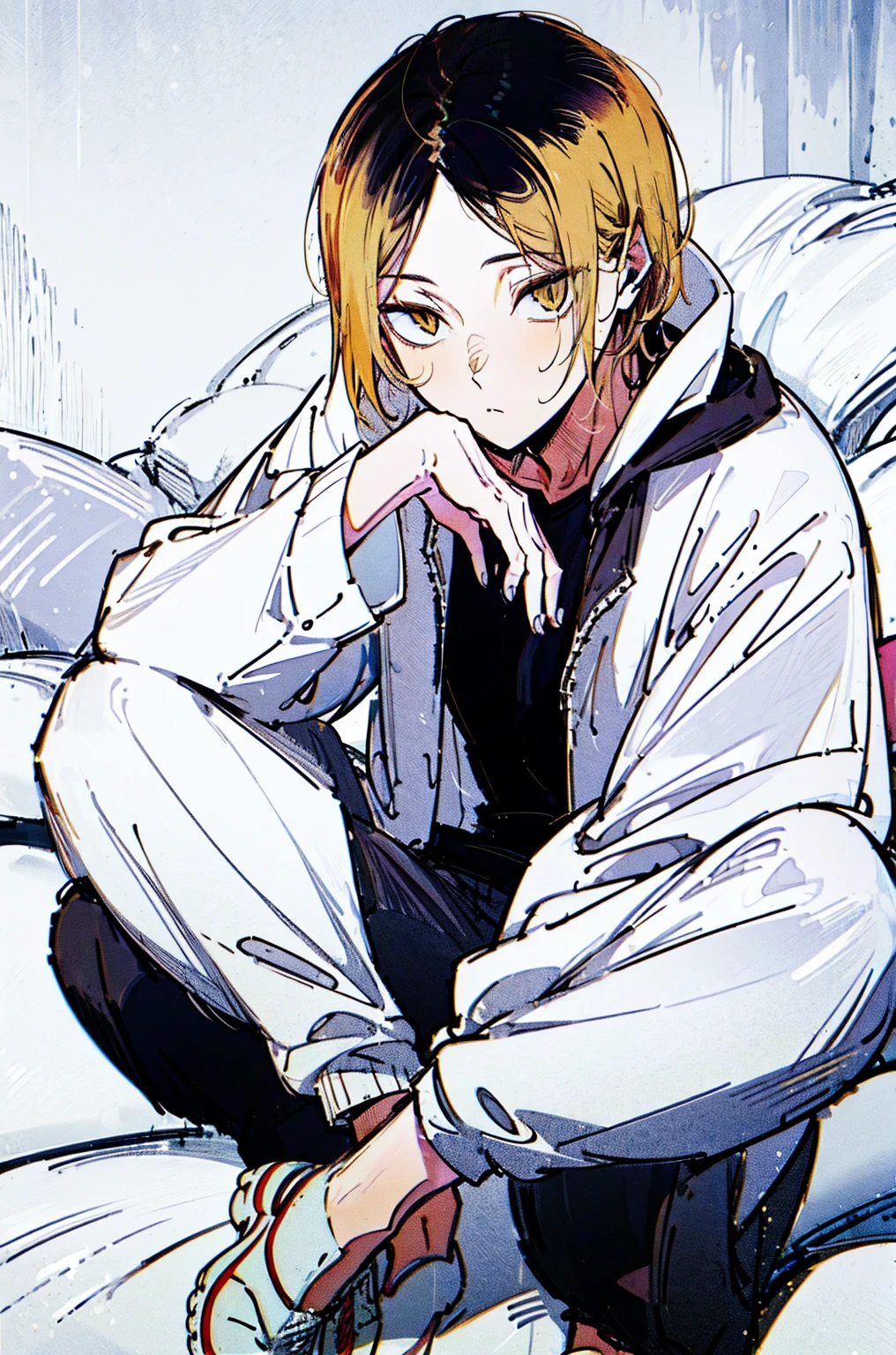 
(hutaodef:1.2),in with h ,white 背，
Kenma Kozume，Lazy，Dark circles，Comfort，laid back，Seated long sleeve sweatshirt，Wide leg pants，one person