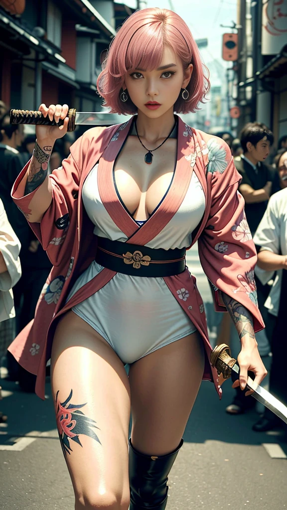 Beautiful Chinese woman, (), cute face, red lips, white moist skin, moles, under-eye bags,
BREAK,
Feminine body with high athletic ability, Body of a female fitness model, Feminine body with hard tones, (Muscles: 1.2), (Beautiful belly button),
BREAK,
Fighter, Kung Fu fighter, Idol,
BREAK,
(Wearing a cute kimono: 1.3), (Kimono with a high degree of exposure), (Stiletto heels, long boots 1.3), necklace, very large earrings, short length,
BREAK,
Short hair, (Short bob hair), (Bangs: 1.2), (Pink hair: 1.3), (Wavy hair),
BREAK,
(Very large Japanese sword: 1.4), (Holding the handle of a Japanese sword: 1.3), (Raising a very large Japanese sword: 1.2), (Getting into a fighting stance), (Japanese sword with a beautiful blade: 1.2)
BREAK,
(Japanese tattoo: 1.4),
BREAK,
Masterpiece, Perfect lighting, Ultra high resolution, 8K, (Very detailed: 1.4), (From the front), Looking at the camera, Melancholic expression,
BREAK,
(Tokyo city, lots of people in the background: 1.2), Background of the Shibuya district of Tokyo, Japan,