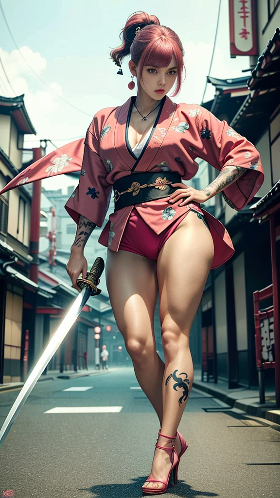 Beautiful Chinese woman, (), cute face, red lips, white moist skin, moles, under-eye bags,
BREAK,
Feminine body with high athletic ability, Body of a female fitness model, Feminine body with hard tones, (Muscles: 1.2), (Beautiful belly button),
BREAK,
Fighter, Kung Fu fighter, Idol,
BREAK,
(Wearing a cute kimono: 1.3), (Kimono with a high degree of exposure), (Stiletto heels, long boots 1.3), necklace, very large earrings, short length,
BREAK,
Short hair, (Short bob hair), (Bangs: 1.2), (Pink hair: 1.3), (Wavy hair),
BREAK,
(Very large Japanese sword: 1.4), (Holding the handle of a Japanese sword: 1.3), (Raising a very large Japanese sword: 1.2), (Getting into a fighting stance), (Japanese sword with a beautiful blade: 1.2)
BREAK,
(Japanese tattoo: 1.4),
BREAK,
Masterpiece, Perfect lighting, Ultra high resolution, 8K, (Very detailed: 1.4), (From the front), Looking at the camera, Melancholic expression,
BREAK,
(Tokyo city, lots of people in the background: 1.2), Background of the Shibuya district of Tokyo, Japan,